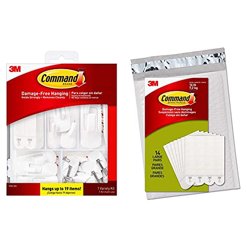 Command General Purpose Variety Kit, Hangs Up to 19 Items, Organize Damage-Free & Large Picture Hanging Strips Heavy Duty, White, Holds up to 16 lbs, 14-Pairs, Easy to Open Packaging