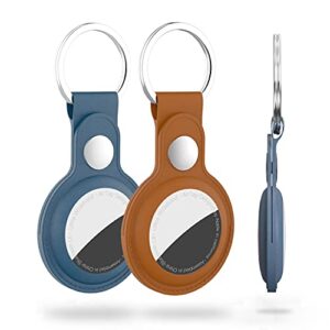 damonlight leather case for airtag ,2-pack anti-scratch airtags keychain compatible with apple air tag 2021 (brown+blue)