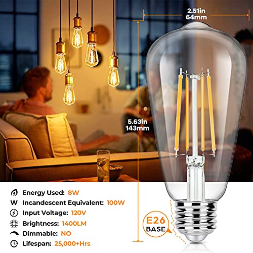 4-Pack Vintage 8W LED Edison Bulbs, 100W Equivalent, E26 Base ST64 LED Filament Light Bulbs Warm White 3000K High Brightness 1400Lumens, Antique Style Clear Glass for Home Bedroom Office, Non-Dimmable