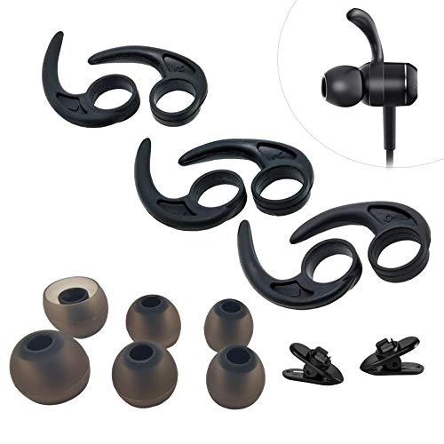 Pack: 3 Pairs (M) Ear Wing Tips Silicone Ear Hooks Replacement Ear Fins, 3 Pairs(LMS) Eartips Replacement Earbuds Tips for in Ear Sport Earphone, 2 Pcs 360° Cord Clips, for Jaybird x4 X3 x2 x More