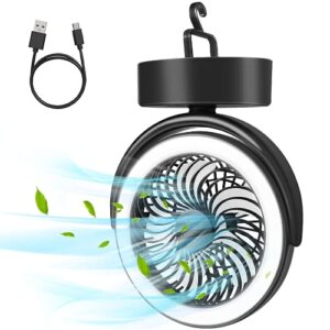 hapther camping fan with led lantern, hanging hook desk fan with 3000 mah battery operated, portable 2 in 1 rechargeable mini tent fan light for outdoor hiking, hurricane, emergency, outages, black