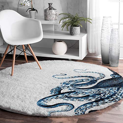 Singingin Round Area Rugs for Kids Room Ocean Octopus Shag Area Rug Non-Slip Soft Plush Floor Carpet Mat for Nursery, Living Room, Bedroom, Modern Home Decor Diameter 5ft