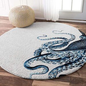 Singingin Round Area Rugs for Kids Room Ocean Octopus Shag Area Rug Non-Slip Soft Plush Floor Carpet Mat for Nursery, Living Room, Bedroom, Modern Home Decor Diameter 5ft