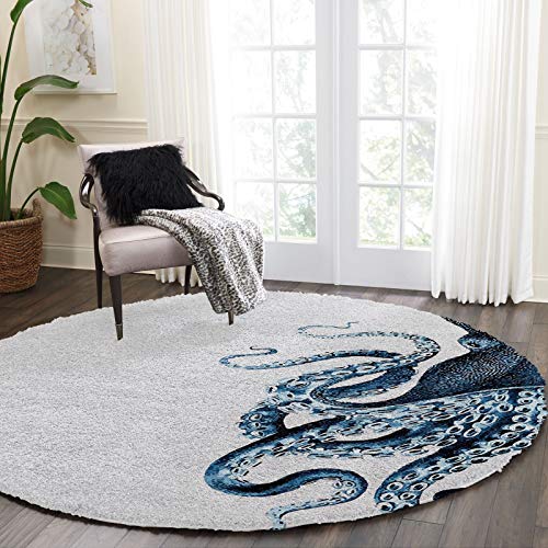 Singingin Round Area Rugs for Kids Room Ocean Octopus Shag Area Rug Non-Slip Soft Plush Floor Carpet Mat for Nursery, Living Room, Bedroom, Modern Home Decor Diameter 5ft