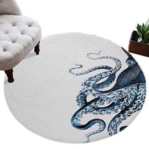 Singingin Round Area Rugs for Kids Room Ocean Octopus Shag Area Rug Non-Slip Soft Plush Floor Carpet Mat for Nursery, Living Room, Bedroom, Modern Home Decor Diameter 5ft