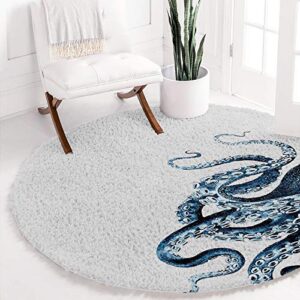 Singingin Round Area Rugs for Kids Room Ocean Octopus Shag Area Rug Non-Slip Soft Plush Floor Carpet Mat for Nursery, Living Room, Bedroom, Modern Home Decor Diameter 5ft