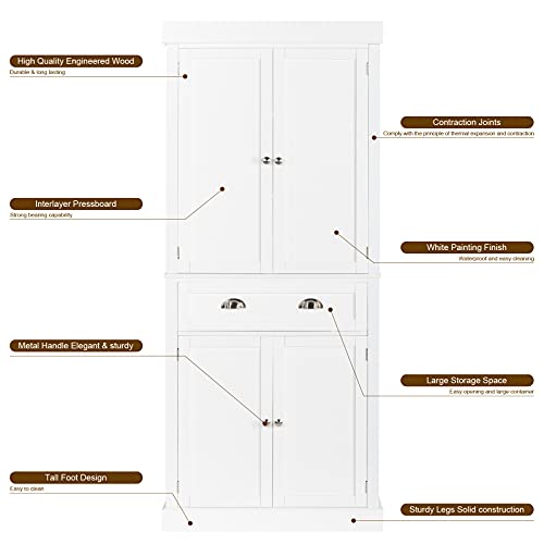 VINGLI 72In Freestanding Kitchen Pantry Cabinet with Doors and Shelves and Drawer, Pantry Cupboard, Tall Wooden Storage Cabinet with Shelves, Assembly Required, White