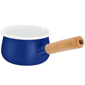 yumcute home enamel milk pan with dual pour spout butter warmer milk pot healthy white enamel inside coating iron 1qt enamel saucepan small soup pot with wooden handle handy pot (blue)