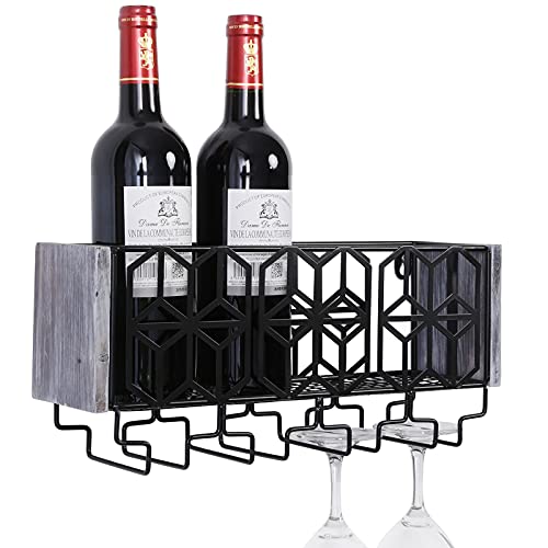 Satauko Wall Mounted Metal Wine Rack for 4 Long Stem Glass Storage, Wine Bottle Holder for Home Kitchen Décor, Rustic Floating Wine Shelves Organizer for Living Room Display.