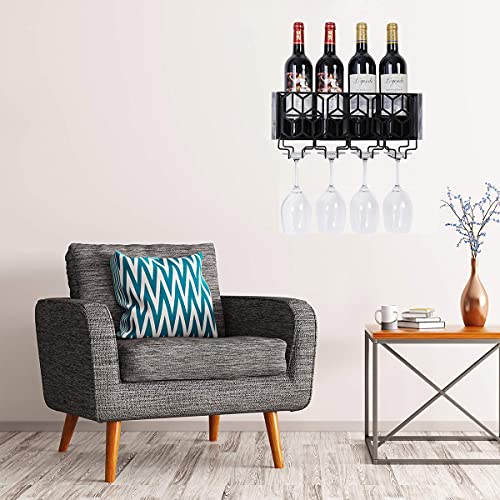 Satauko Wall Mounted Metal Wine Rack for 4 Long Stem Glass Storage, Wine Bottle Holder for Home Kitchen Décor, Rustic Floating Wine Shelves Organizer for Living Room Display.