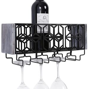 Satauko Wall Mounted Metal Wine Rack for 4 Long Stem Glass Storage, Wine Bottle Holder for Home Kitchen Décor, Rustic Floating Wine Shelves Organizer for Living Room Display.