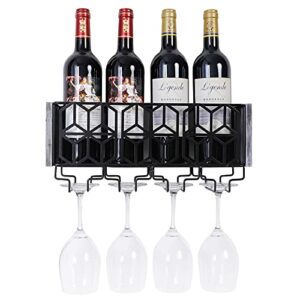 Satauko Wall Mounted Metal Wine Rack for 4 Long Stem Glass Storage, Wine Bottle Holder for Home Kitchen Décor, Rustic Floating Wine Shelves Organizer for Living Room Display.