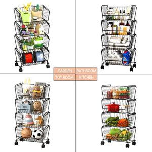 PUSDON 4-Tier Stackable Metal Storage Baskets, Anti-Rust Fruit Vegetable Rack, Dual Use Shelf for Kitchen, Home & Office, Black