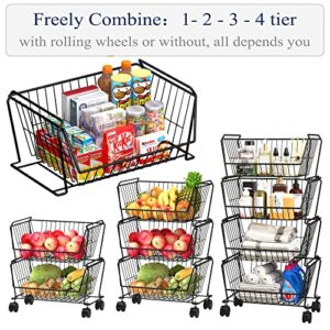PUSDON 4-Tier Stackable Metal Storage Baskets, Anti-Rust Fruit Vegetable Rack, Dual Use Shelf for Kitchen, Home & Office, Black