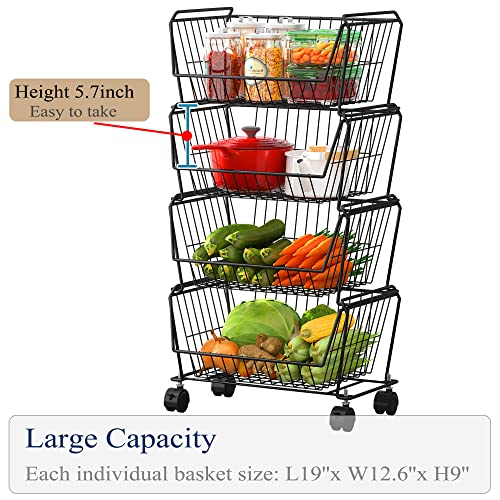 PUSDON 4-Tier Stackable Metal Storage Baskets, Anti-Rust Fruit Vegetable Rack, Dual Use Shelf for Kitchen, Home & Office, Black