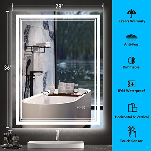 IOWVOE LED Bathroom Mirror 36 x 28 Lighted Vanity Makeup Mirror with Front Light, Wall Mounted Dimmable Mirrors with Anti-Fog, Memory Function (Horizontal/Vertical)