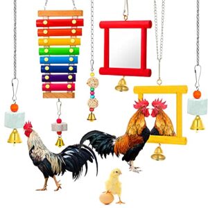 6 pieces hen chicken toys for coop, chick toys, chicken mirror toy with bells, chicken xylophone toy with 8 metal keys, parrot grinding stone, sepak takraw toy, dangling bird toy