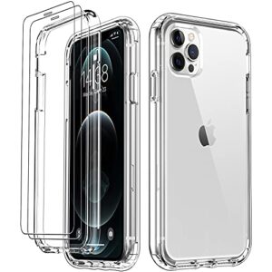 dorismax iphone 12 pro max case,with [2 x glass screen protector],crystal clear tpu cover+hard pc bumper,military grade shockproof protective phone case for apple iphone 12 pro max 6.7" clear