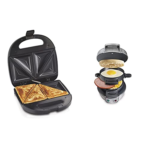 Hamilton Beach Sandwich Maker, Makes Omelettes and Grilled Cheese, 4 Inch, Easy to Store (25430), BLACK & Breakfast Sandwich Maker, Silver (25475A)