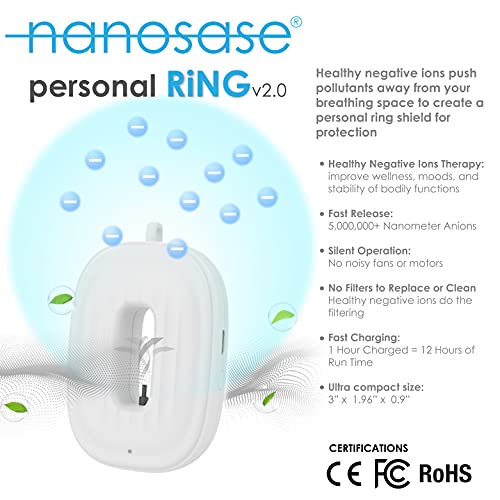 Nanosase ring personal air purifier necklace v2.0 mini ionic wearable for Kids, Adults, healthy negative ion therapy, filterless mobile air ionizer by igozen. (BNS Black + White, 2 Pack)