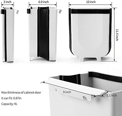 SheMarie Hanging Collapsible Trash Can - 9L Wall Mounted Foldable Waste Bin for Kitchen Cabinet Door - Quickly Clean Counter, Sink, Bathroom - RV, Car, Camping Folding Garbage Basket (White)