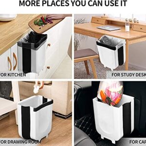 SheMarie Hanging Collapsible Trash Can - 9L Wall Mounted Foldable Waste Bin for Kitchen Cabinet Door - Quickly Clean Counter, Sink, Bathroom - RV, Car, Camping Folding Garbage Basket (White)