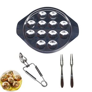 proshopping 4 pcs stainless steel snail escargot plate set, large escargot baking dish platter with tong and 2 forks, round mushroom escargot serving tray, french escargot grill pan, 12 holes - (8.7")