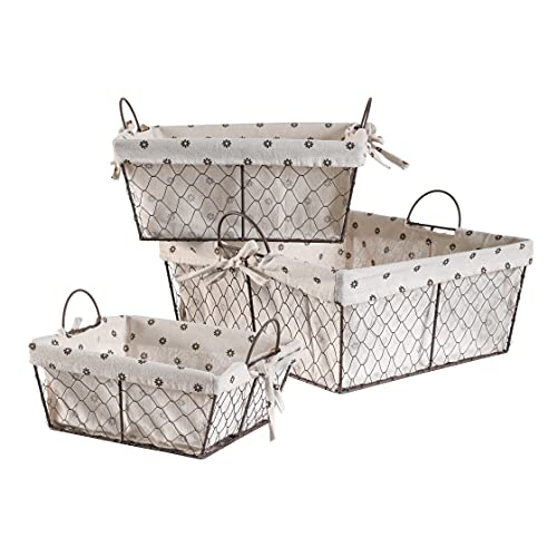 Motifeur Metal Farmhouse Storage Baskets With Removable Liner (Set of 3, White with Floral Pattern) (Short-Set of 3)