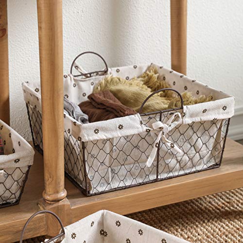 Motifeur Metal Farmhouse Storage Baskets With Removable Liner (Set of 3, White with Floral Pattern) (Short-Set of 3)