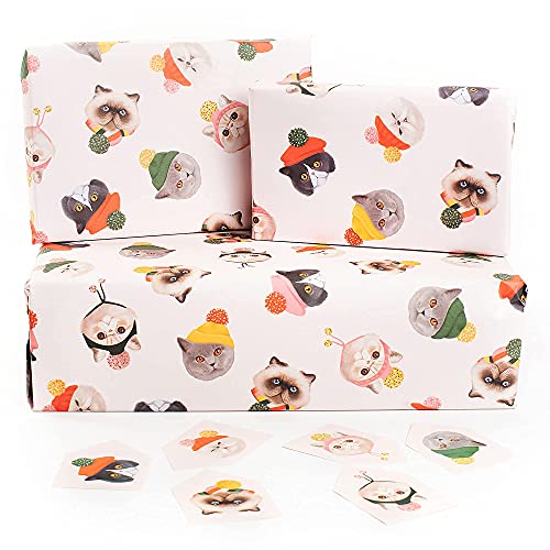 CENTRAL 23 Pink Wrapping Paper Christmas - 6 Sheets of GiftWrap - Cats in Hats - For Girls Women - Trendy Wrap for Kids - Holiday Festive Gifts - Recyclable
