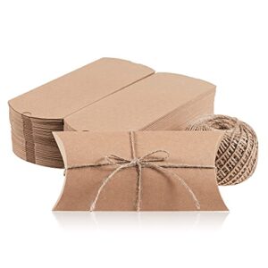pillow boxes, 100-pack pillow gift boxes with twine rope, kraft mini favor boxes, 7.5 x 3.7 x 1.2 inches