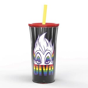zak designs disney halloween rainbow collection double-wall insulated plastic tumbler for cold drinks, travel cup with splash-proof lid and straw made with durable materials (ursula, 20 oz, non bpa)