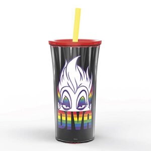 Zak Designs Disney Halloween Rainbow Collection Double-Wall Insulated Plastic Tumbler for Cold Drinks, Travel Cup with Splash-Proof Lid and Straw Made with Durable Materials (Ursula, 20 oz, Non BPA)