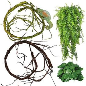 kathson 4 PCS Reptile Vines Plants Flexible Bendable Jungle Climbing Fake Vine Terrarium Plastic Plant Leaves Pet Tank Habitat Decor for Bearded Dragons Lizards Geckos Snakes Frogs