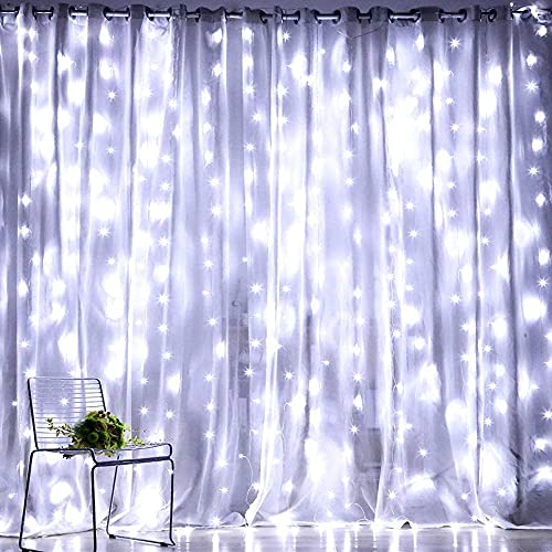 Dazzle Bright Curtain String Lights, 300 LED 9.8ft x 9.8ft 8 Lighting Modes Fairy Lights USB Powered, Waterproof Lights for Christmas Party Wedding Outdoor Indoor Wall Decorations (White)