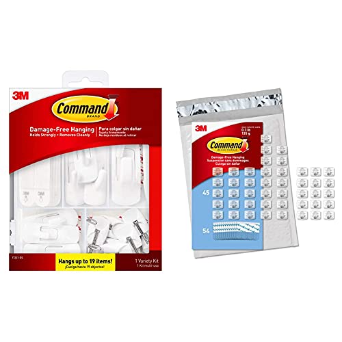 Command General Purpose Variety Kit, Hangs Up to 19 Items, Organize Damage-Free & Clear Mini Light Clips, 45 Clips, 54 Strips - Easy to Open Packaging, Decorate Damage-Free