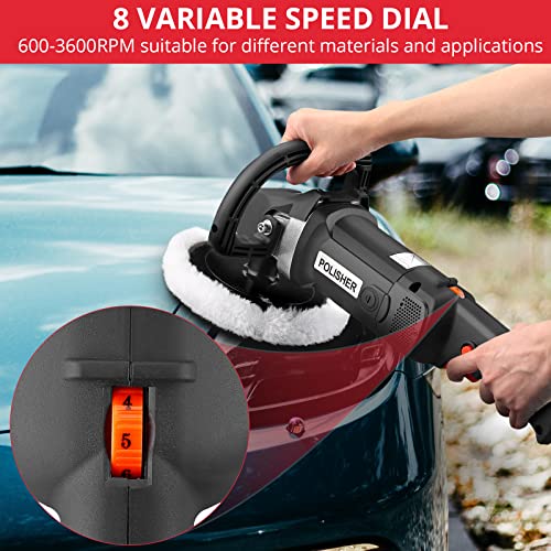 JUSTOOL Buffer Polisher1400W, 8 Variable Speed, 7/6/5Inch RO Rotary Polisher Car Polisher Electric Polisher with Foam/Wool Pads, Sandpaper,Polishing Pads Set for Auto Buffing and Polishing