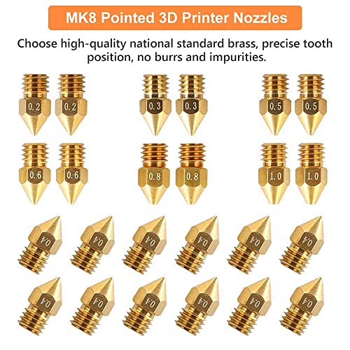 Creality Official MK8 Ender 3 Nozzles 24 pcs 3D Printer Brass Nozzles Extruder for Ender 3 Series and Creality CR-10 0.2mm, 0.3mm, 0.4mm, 0.5mm, 0.6mm, 0.8mm, 1.0mm Printer Nozzle Kit