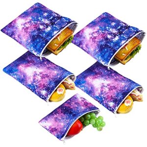 5 pieces reusable sandwich and snack bags safe, snack bags with zipper for store preserves, snacks and sandwiches, with 2 large 2 medium and 1 small bags (galaxy loop pattern)