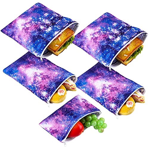 5 Pieces Reusable Sandwich and Snack Bags Safe, Snack Bags with Zipper for Store Preserves, Snacks and Sandwiches, with 2 Large 2 Medium and 1 Small Bags (Galaxy Loop Pattern)