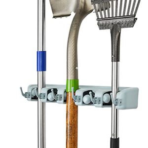 innovatex garage tool storage rack mop and broom holder wall mount organizer, 5 clamp hanger slots for rakes, shovels, garden yard tools, kitchen and utility use, 6 hanging hooks for small items