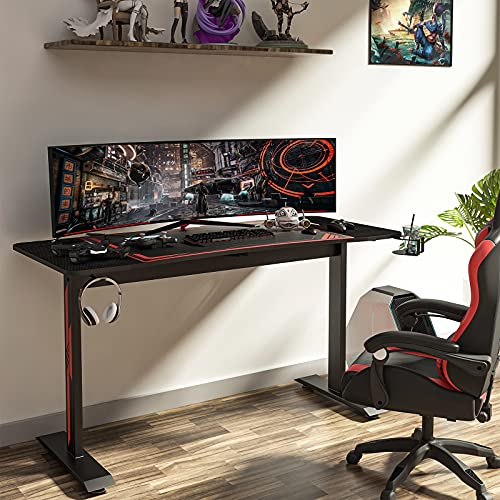 Sleepmax Gaming/Computer Desk 63 Inch, T-Shaped Gaming/Computer Table with Large Mouse Pad, Black PC Desk Gamer Setup with Cup Holder and Headphone Hook for Home/Office