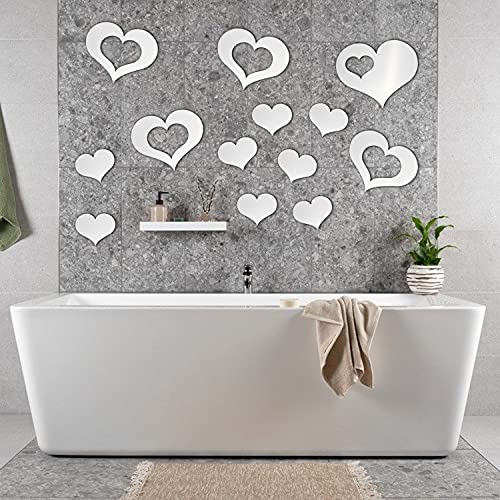 KIMOBER 13PCS Heart Shape Mirror Wall Stickers, Valentine's Day Silver Acrylic Removable Self-Adhesive Mirror Decals for Home Decorations