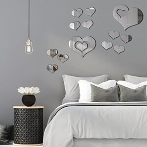 KIMOBER 13PCS Heart Shape Mirror Wall Stickers, Valentine's Day Silver Acrylic Removable Self-Adhesive Mirror Decals for Home Decorations