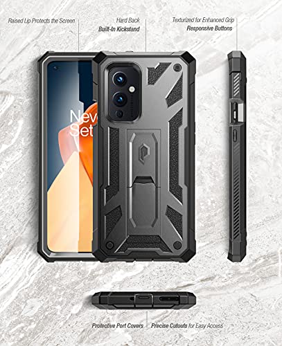 Poetic Spartan Series Designed for OnePlus 9 5G Case, Full-Body Rugged Shockproof Protective Cover with [Premium Leather Texture], Kickstand and Built-in Screen Protector, Metallic Gun Metal