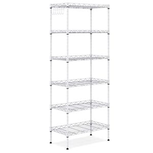 alphino 6-shelf shelving storage unit ,heavy duty metal organizer wire rack with leveling feet , stainless side hooks for bathroom kitchen garage 750lbs capacity (silver)