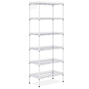 ALPHINO 6-Shelf Shelving Storage Unit ,Heavy Duty Metal Organizer Wire Rack with Leveling Feet , Stainless Side Hooks for Bathroom Kitchen Garage 750Lbs Capacity (Silver)