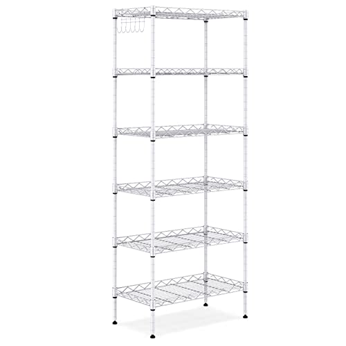 ALPHINO 6-Shelf Shelving Storage Unit ,Heavy Duty Metal Organizer Wire Rack with Leveling Feet , Stainless Side Hooks for Bathroom Kitchen Garage 750Lbs Capacity (Silver)