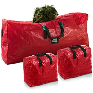 zober 3-pack christmas artificial tree storage bag and two garland bags; holiday tree storage for trees up to 7.5 ft, includes card slot, dual zipper, and carry handles; tearproof 600d oxford material