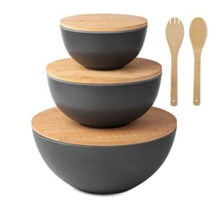 salad bowl set with lids, bamboo fiber serving bowls with cutting board lids - bowls for kitchen - preparing & serving fruits, veggies, chips, dips & more, mixing bowl set with serving utensils